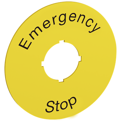 70 mm diameter legend plate for emergency stop. Black text on yellow aluminum with text: Emergency stop